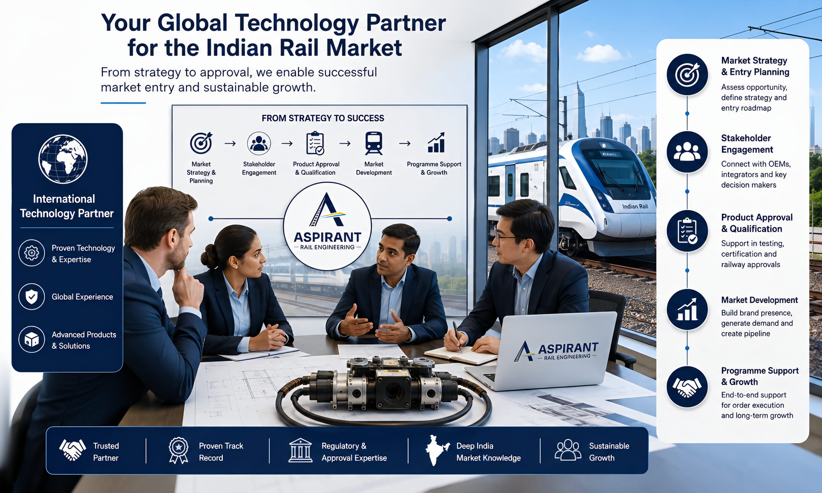 How AREL takes a global rail technology partner into the Indian market: market strategy and entry planning, stakeholder engagement, product approval and qualification, market development, then programme support and growth